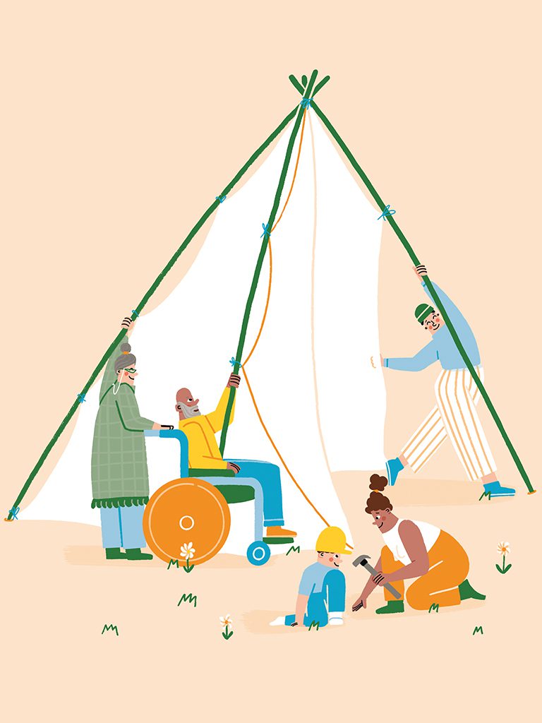 Illustration: Fünf Personen unterschiedlicher Altersgruppen bauen gemeinsam ein Zelt auf