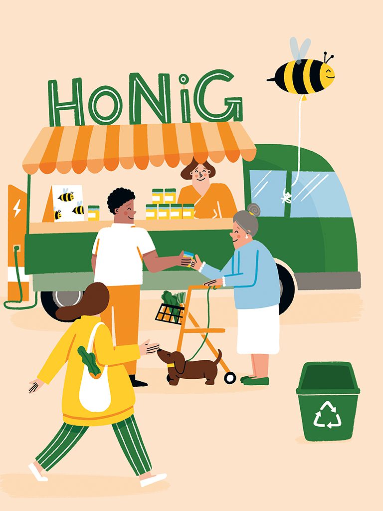 Illustration: Verkaufsstand auf Rädern bei dem eine Frau Honig-Produkte verkauft. Zwei Kund*innen stehen vor dem Stand und eine Frau spaziert vorbei.